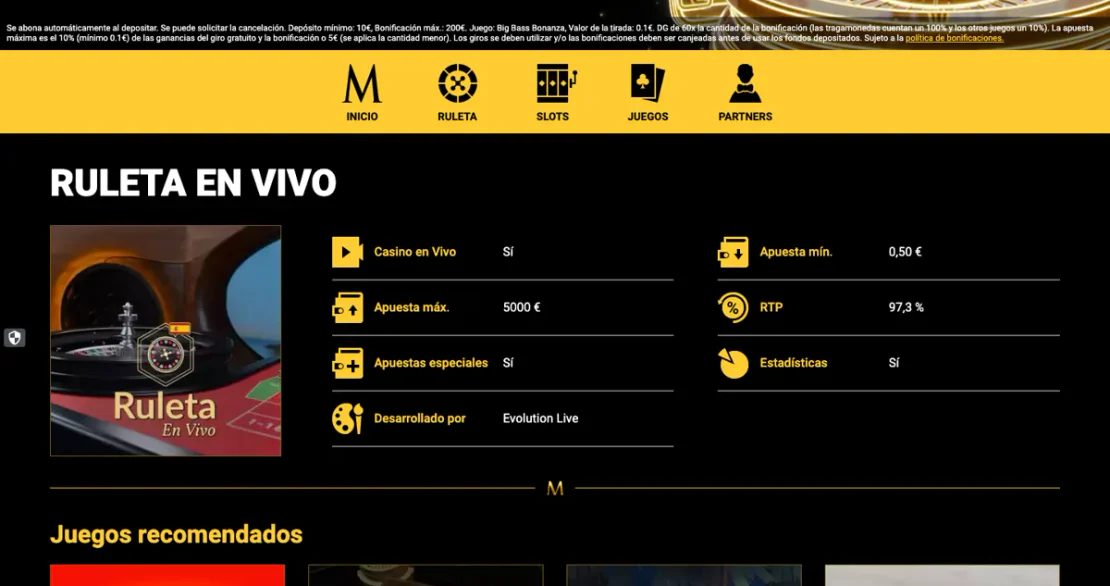 Sección de casino en vivo de Mega Casino